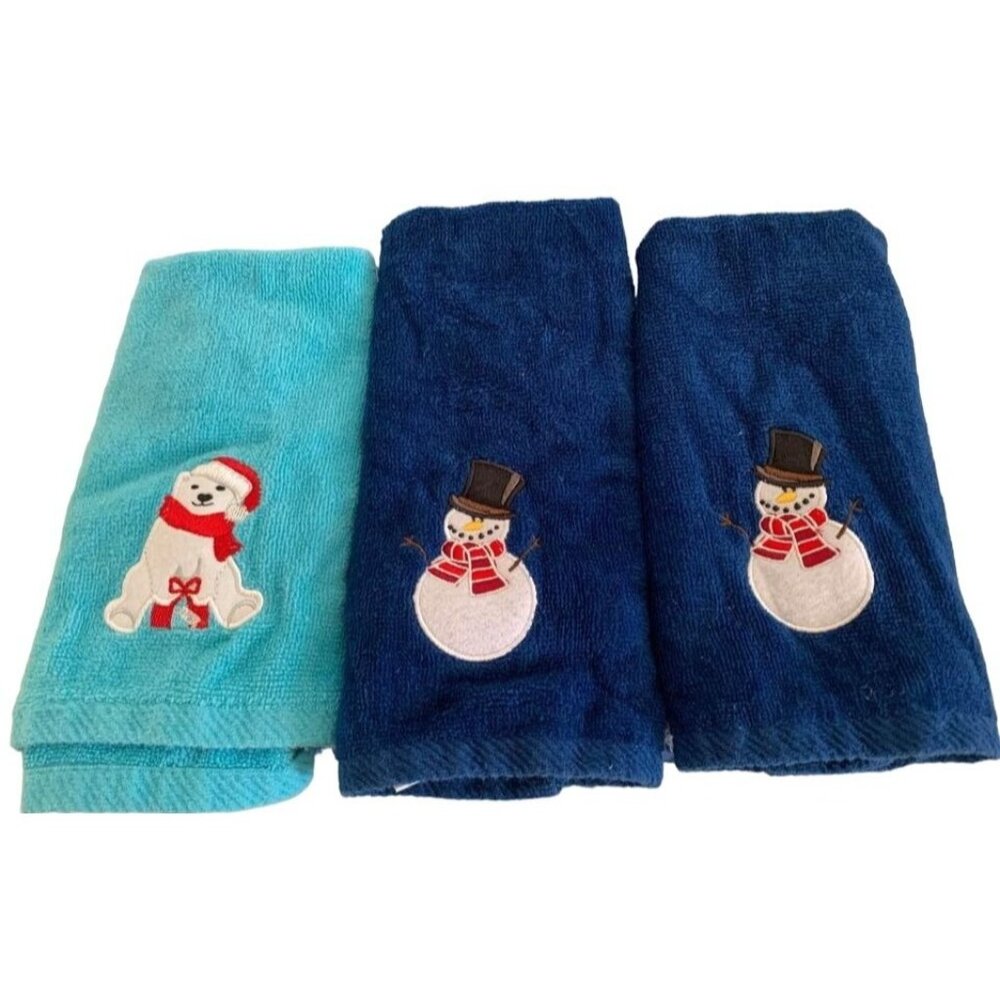 Christmas Embroidered Finger Towels Set Snowman & Polar Bear 11x15" Cotton